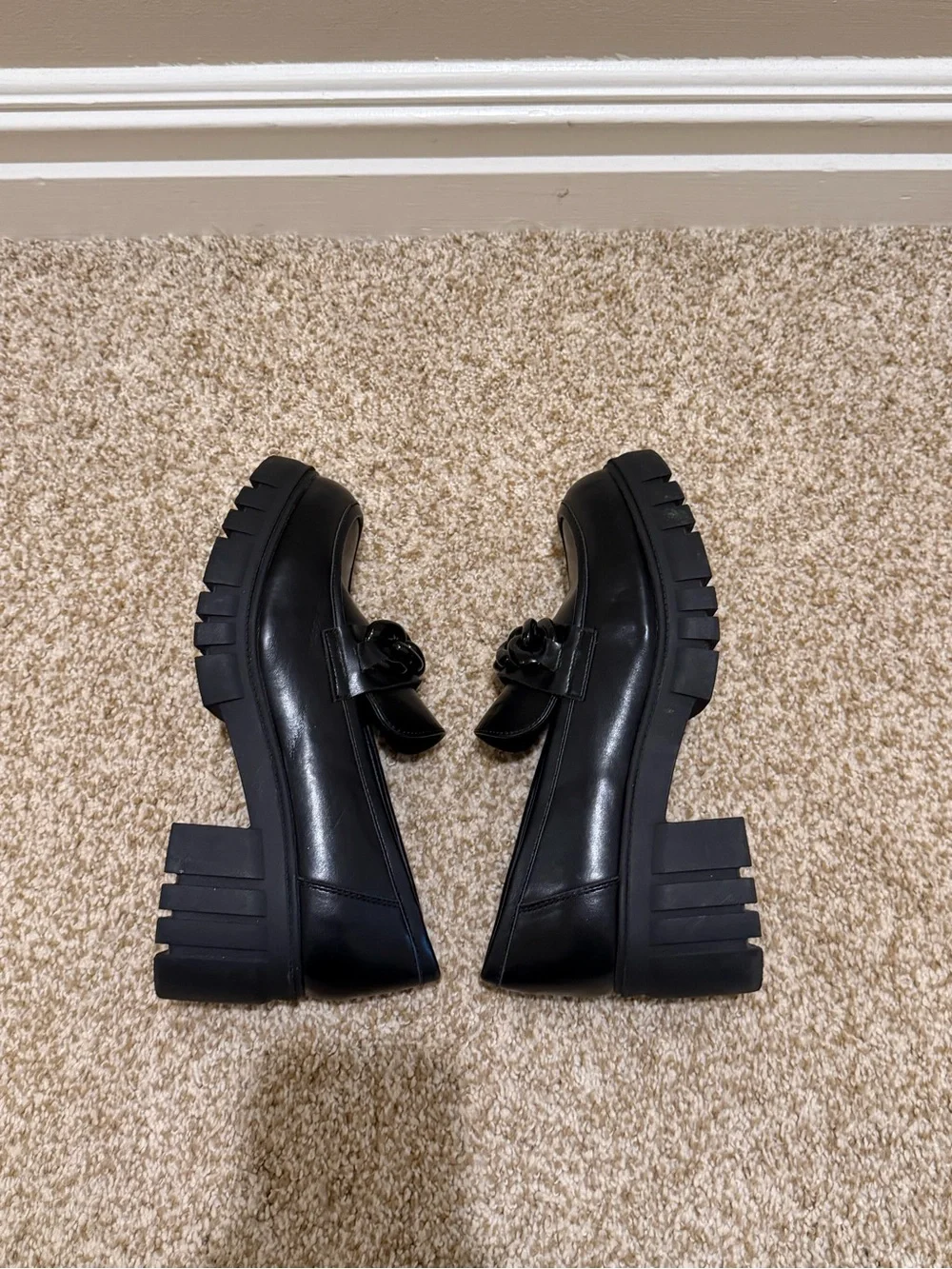 Michael Shannon Black Chunky Emilia Platform Loafers with Chain Detail Size 9
